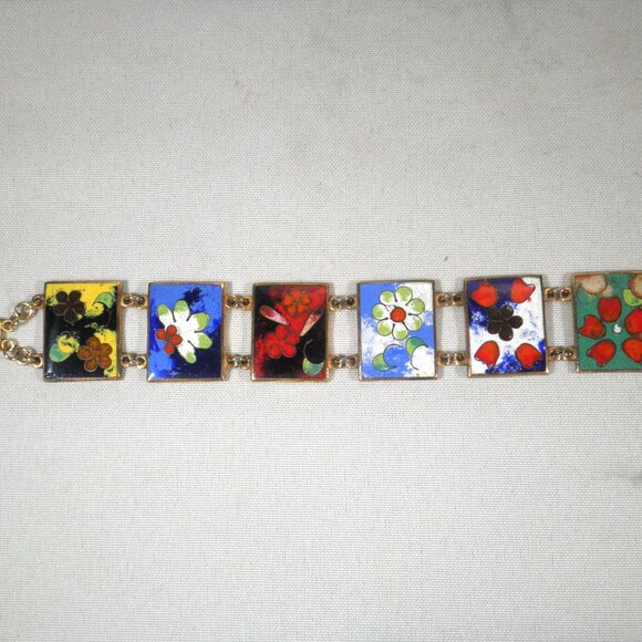 Vintage Robert Kuo Cloisonné Panel Bracelet - Picture 1 of 5